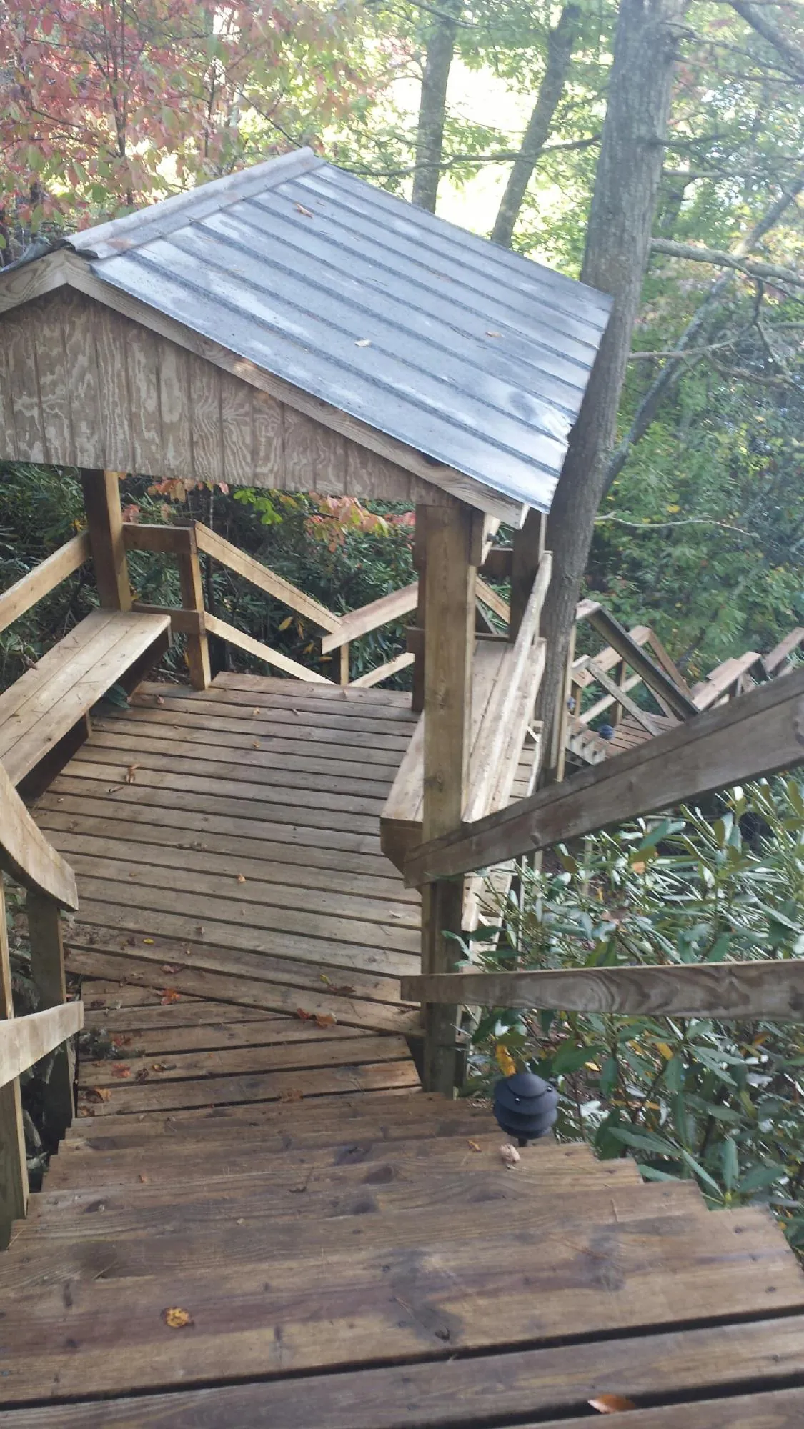 Metal roofed shelter over wooden steps on a wooded walkway — Skylight Repair & Installation work by our crew in Bullard